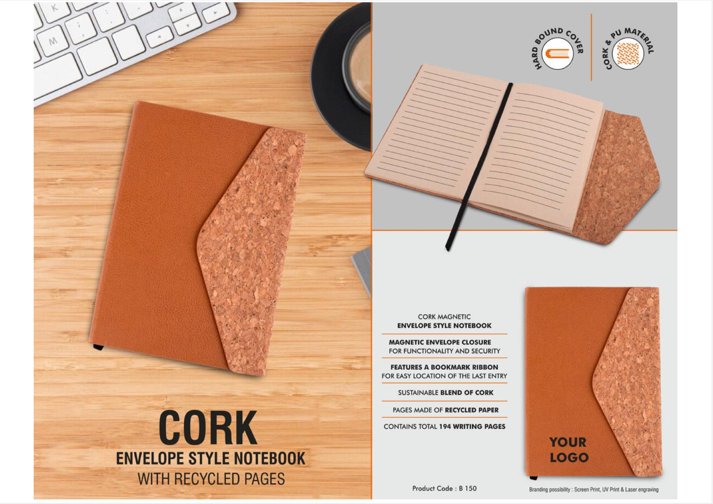 Cork Envelope Style Notebook with Recycled Pages