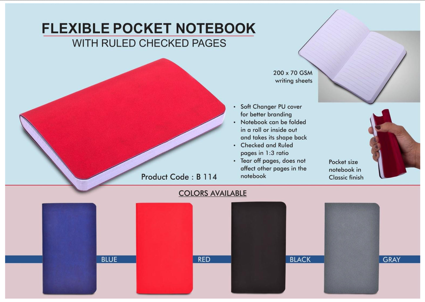 Flexible Pocket Notebook with Ruled Checked Pages